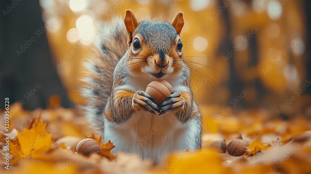 Poster close-up of a charming squirrel holding a nut amid falling autumn leaves in a bokeh filled forest se