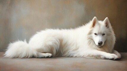 Obraz premium Portrait of a fluffy white dog with soft curls, posing elegantly in a studio setting.