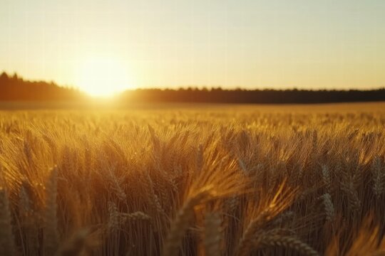 Beautiful golden wheat field at sunset with warm light shining over the crops in a rural landscape. Generative AI