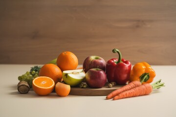 Colorful Fresh Fruits and Vegetables on Wooden Board