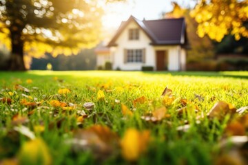 Obraz premium Tranquil grass and fallen leaves in sunlight