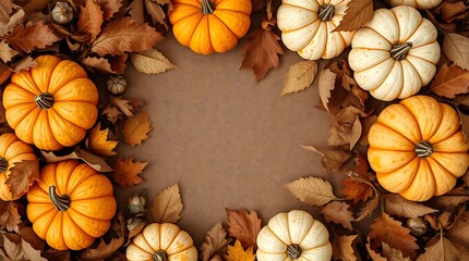 Autumnal frame of pumpkins and leaves.