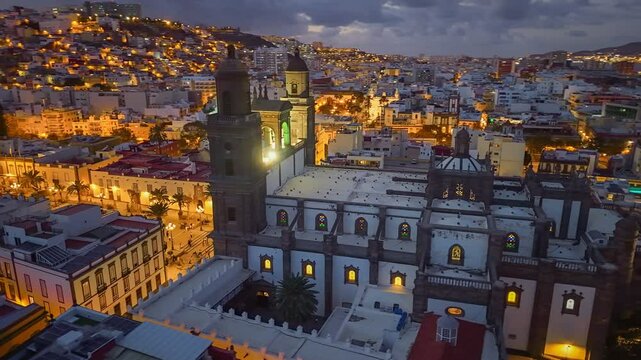 Aerial evening shot of Catedral de Canarias in Vegueta district, Las Palmas de Gran Canaria. Gran canaria island, Spain 
