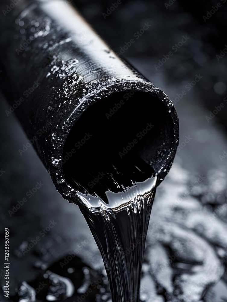 Poster Water flows from a black pipe onto a dark surface showing the contrast between light and darkness. Generative AI