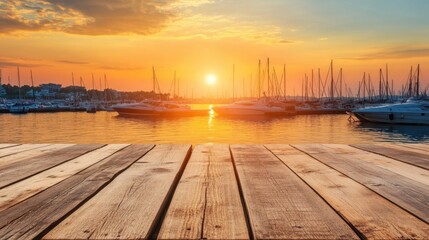 Rustic wooden table overlooking a marina, with boats gently swaying in the warm hues of a setting sun.