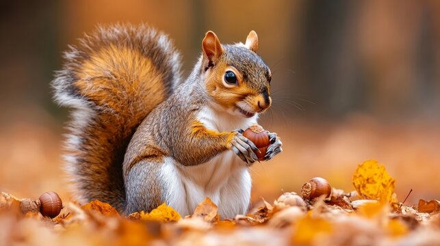 Adorable Squirrel Holding a Hazelnut in Autumn Setting Surrounded by Fall Leaves