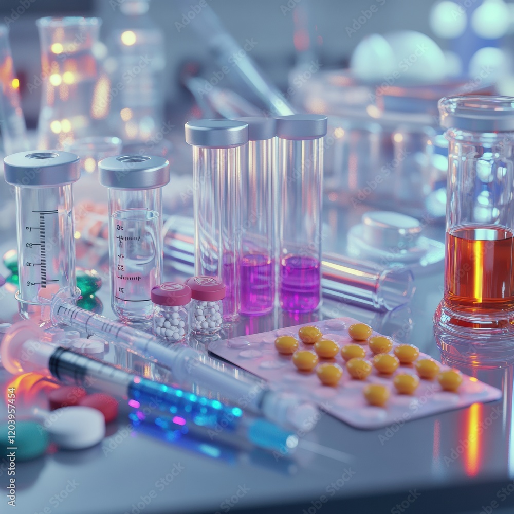 Leinwandbilder laboratory setting with glass test tubes and various colorful pharmaceuticals on display in a scient