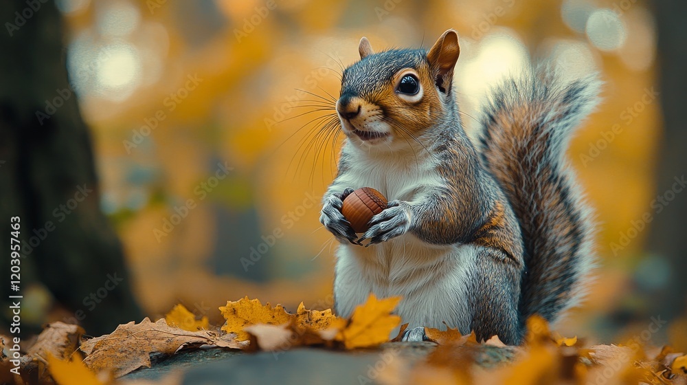 Poster a cute squirrel holding a nut in an autumn forest setting with a warm bokeh background and golden le