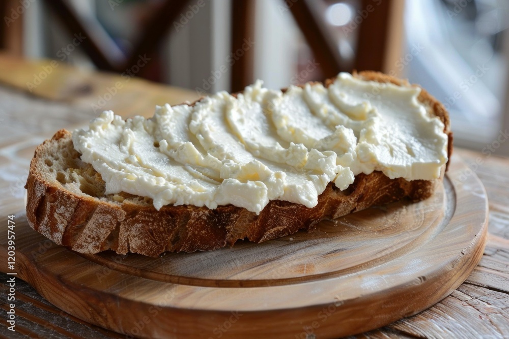 Poster creamy cheese spread on a slice of rustic whole wheat bread, ready to be enjoyed as a simple and del
