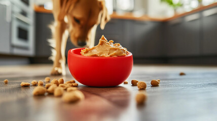 A close-up shot of a Classic Dog Toy, partially filled with peanut butter and dog treats, resting on a kitchen floor, for stimulating mental activity and satisfying a pet’s instinctual need to chew