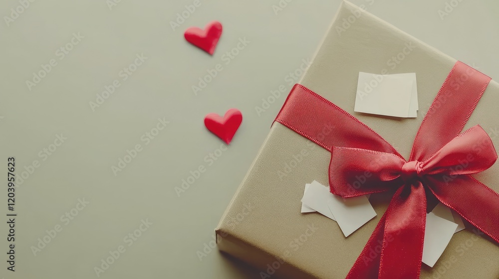 Poster a close-up of a romantic gift box with a red ribbon and love notes tucked inside, placed on a clean 