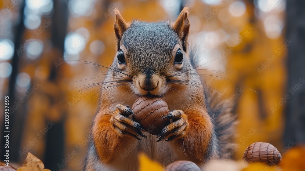 Poster a curious squirrel holds a nut in its paws in the midst of an autumn forest looking directly to the 