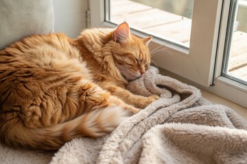 Relaxed Orange Tabby Cat Sleeping Peacefully on Soft Blanket - Copy Space