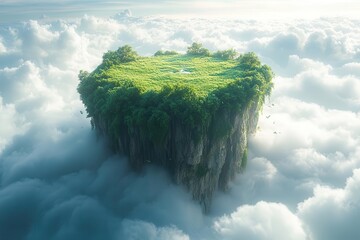 a surreal 3d depiction of a floating slice of land covered in green grass drifting through a sky filled with fluffy clouds creating an imaginative and whimsical landscape