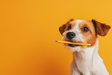 Playful dog holding pencil bright yellow background pet photography cheerful atmosphere close-up view creative concept for pet lovers