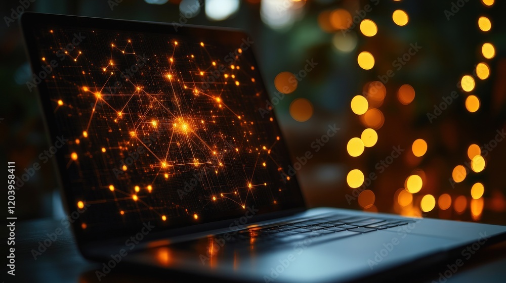 Poster close-up of a laptop displaying a neural network schematic with abstract light effects