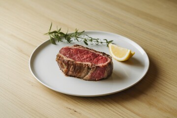 Fototapeta premium Grilled Steak Sliced Served with Lemon and Rosemary