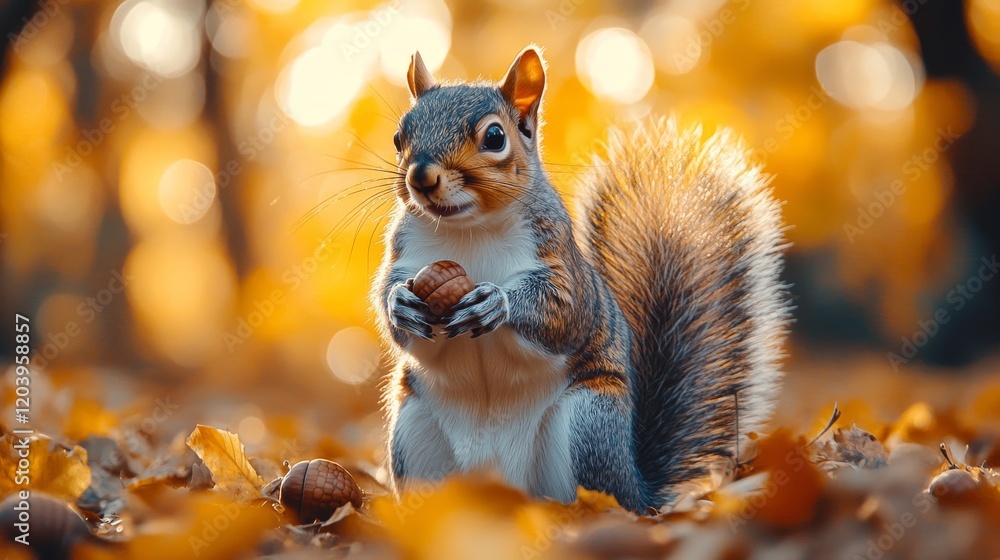 Poster a fluffy squirrel holding a nut in its paws with a warm bokeh forest background creating a cozy autu