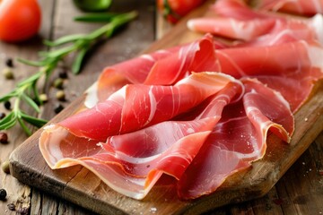 Thinly sliced dry cured ham arranged on a wooden cutting board, garnished with fresh rosemary and peppercorns