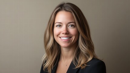 Fototapeta premium Professional woman with long hair smiles confidently against a neutral background in a corporate setting. Generative AI