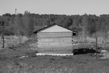 Abandoned wooden house in the village. Black and white photo.