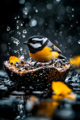A colorful bird perches on a bowl, surrounded by droplets of water and flower petals, creating a vibrant and lively scene.