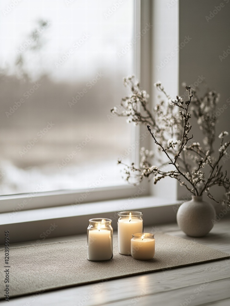 Leinwandbilder Cozy setup with lit candles and a vase near a window during a quiet afternoon. Generative AI