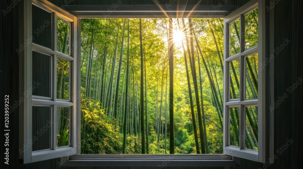 Poster open window view of a bamboo forest with sunlight streaming through trees