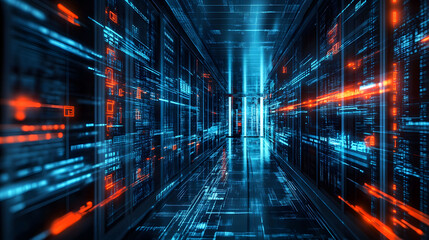 Digital Data Stream: A futuristic server room visualization showcasing the flow of information in a vibrant blue and orange color scheme.
