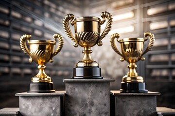 Golden Trophy Cups on Winners’ Podium. Three golden trophy cups displayed on a marble winners’ podium, symbolizing victory, achievement, and excellence in competition or sports