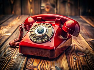 Retro Red Rotary Phone on Rustic Wooden Table - Vintage Communication Stock Photo
