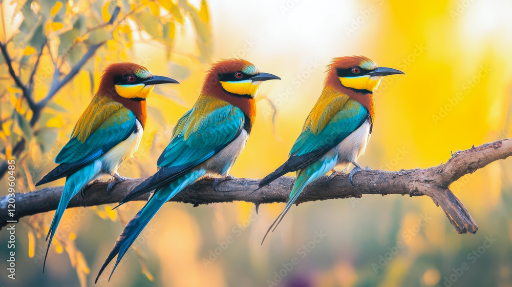 Wall mural Three colorful birds perched on a branch displaying vibrant feathers in natural habitat with blurred green background