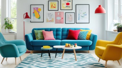 Vibrant Modern Living Room Interior Design with Teal Sofa and Yellow Armchair