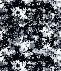 Digital camouflage background, army black, white, and gray color, with a blend of natural colors used for camouflage