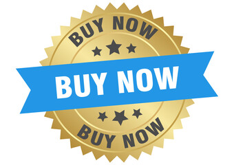 Obraz premium buy now. buy now round blue and gold label isolated on transparent background