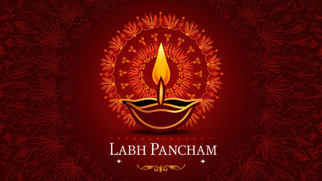 Labh Pancham Festive Background: Diwali Oil Lamp, Mandala Art, Red & Gold Indian Holiday Celebration Graphic