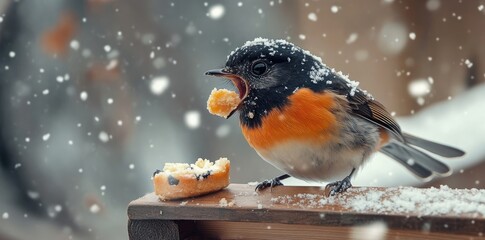 A beautiful close-up of a colorful sparrow enjoying a piece of bread in a snowy winter setting.