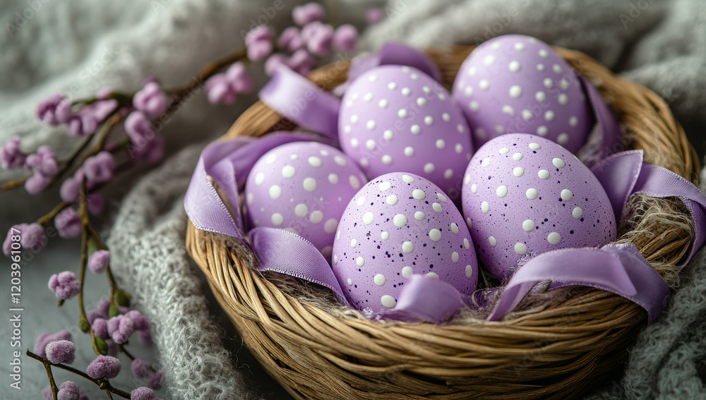 Poster a basket of eggs with white dots on them is sitting on a blanket. the eggs are all different sizes a