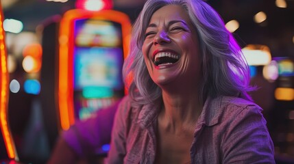 Obraz premium Close-up of a happy senior woman with short gray hair, wearing glasses, laughing heartily while playing a slot machine in a vibrant casino.