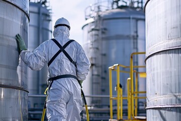 Fototapeta premium A worker in a protective suit cleaning industrial tanks in a chemical plant
