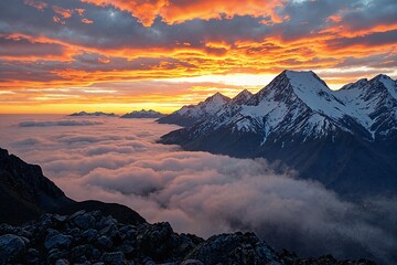  The majestic snow-capped mountains stand tall amidst an ethereal canvas of clouds their rugged peaks glistening 