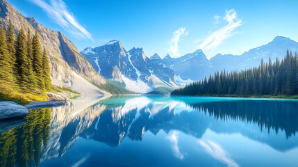 Fototapeta premium A scenic mountain lake surrounded by tall peaks and clear blue skies.