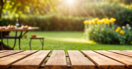 Naklejka premium A vibrant outdoor setting showcasing a backyard barbecue with sizzling food on the grill, surrounded by lush greenery, warm sunlight, and a cozy garden atmosphere perfect for summer gatherings.