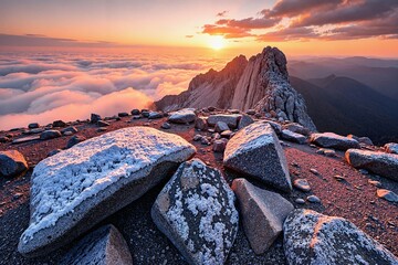  The majestic mountain peak stands tall and proud its rugged contours glistening with a dusting of snow that adds an ethereal touch to its