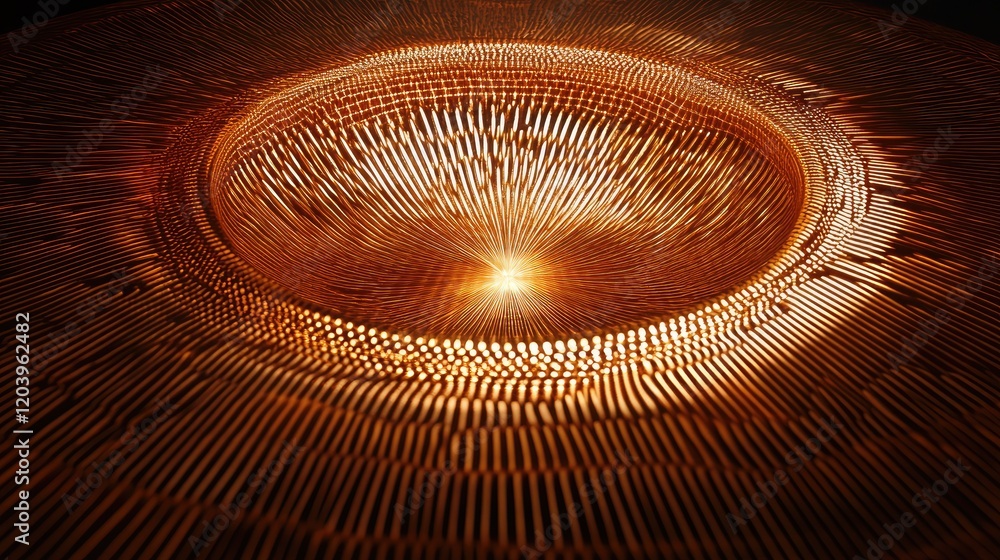 Poster a glowing d background with a circular pattern of radiating lines, set in a warm gold and orange gra