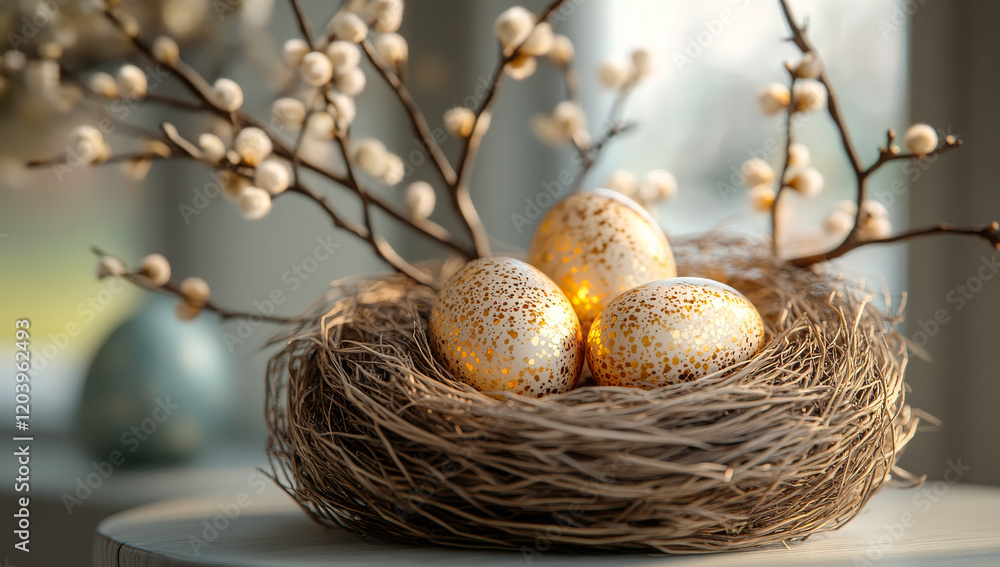 Poster a nest of three eggs sits on a wooden table. the eggs are golden and appear to be freshly laid. the 