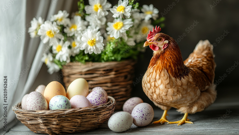 Poster a chicken stands in front of a basket of eggs and a vase of flowers. the scene is bright and cheerfu
