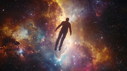 Naklejka premium Floating Silhouette Amidst Celestial Nebula and Vastness of Stars, Representing Daydreaming, Imagination, and Cosmic Wonder in Science Fiction