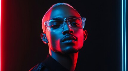 Stylish Man with Clear Glasses in Bold Red and Blue Neon Lighting