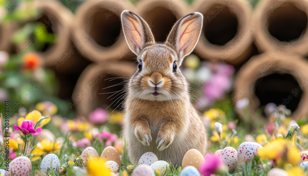 Poster a rabbit is standing in a field of flowers and eggs. the rabbit is looking at the camera with curios